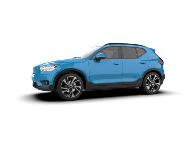 Stüdyoda, beyaz arka planda izole edilmiş 3 boyutlu bir SUV SUV üretimi.