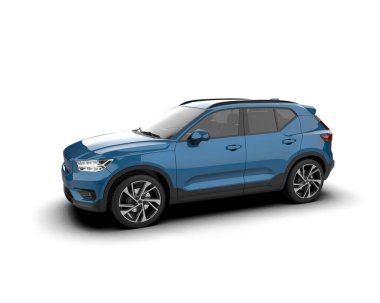 Mavi araba arka planda izole edilmiş. 3D görüntüleme - illüstrasyon