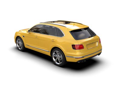 Sarı lüks araba beyaz bir arka planda izole edilmiş, yüksek katlı ve gri arka planda rahat bir araba. 3d oluşturma