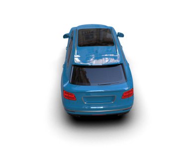 Beyaz arka planda mavi araba. 3d oluşturma