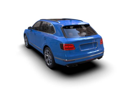 Boş ekranlı mavi bir araba. Beyaz arka planda izole edilmiş. 3 Boyutlu Hazırlama