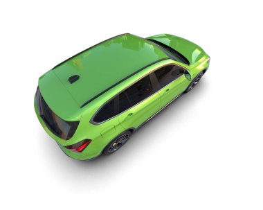Beyaz arka planda modern şehir arabası. Gölgesi var. Üç boyutlu, yeşil arka planı olan bir model..