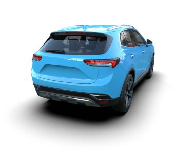 Küçük bir şehri olan mavi bir cip. 3d oluşturma