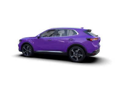 Beyaz arka planda mor bir araba. 3d oluşturma