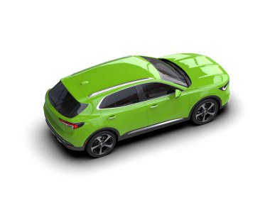 Beyaz arka planda yeşil şehir manzaralı modern yeşil cip - 3D görüntüleme