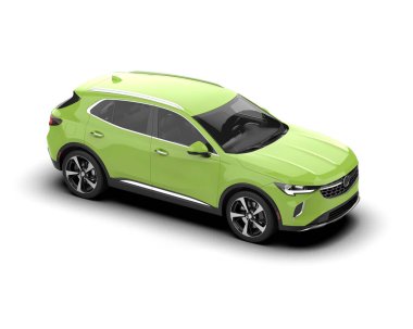 Beyaz arka planda gölgesi ve gölgesi olan modern yeşil araba.