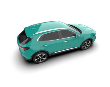 Beyaz arka planda mavi bir araba. 3d oluşturma.