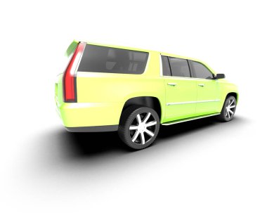 Beyaz arka planda sarı bir araba. 3d oluşturma