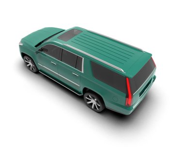 Beyaz arka planda yeşil renkli bir arabanın 3 boyutlu canlandırması