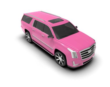 Pembe, lüks bir minivan. Uzun, parlak bir manzarası var. Beyaz arka planda izole edilmiş. 3d oluşturma