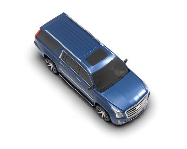 Beyaz zemin üzerinde izole edilmiş mavi renkli bir arabanın 3 boyutlu görüntülenmesi.