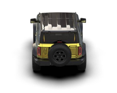 Beyaz zemin üzerinde izole edilmiş yepyeni bir arabanın 3 boyutlu görüntüsü