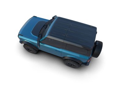 Siyah yüzeyi olan mavi bir araba, beyaz arka planda izole edilmiş..