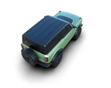 Arka planda yeşil cip arabası var. 3d oluşturma