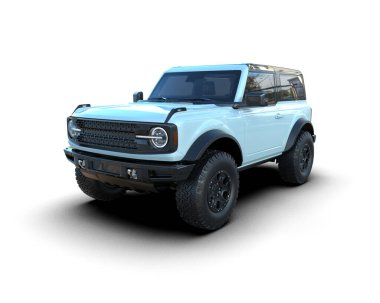 Beyaz arka planda bir cip arabası. 3d oluşturma