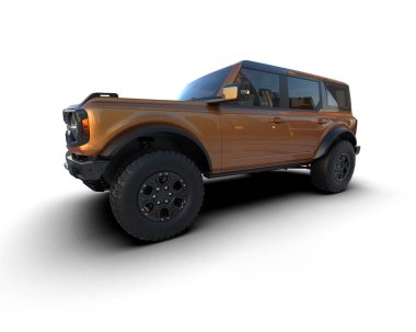 Beyaz arka planda modern bir cip arabası. 3d oluşturma