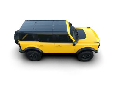 Beyaz stüdyo arka planında izole edilmiş sarı-yeşil bir SUV.