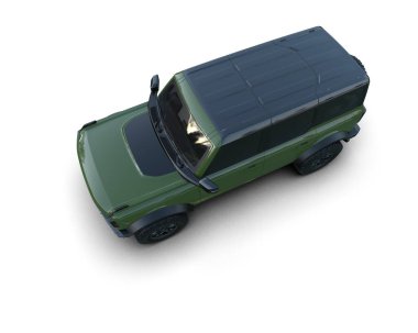 Beyaz arkaplanda yeşil bir arabanın 3 boyutlu görüntüsü.