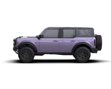 Beyaz arka planda mor bir cip arabası. 3d oluşturma