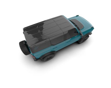 Beyaz arkaplanda gölgesi olan mavi renkli bir arabanın 3 boyutlu çizimi.