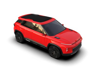 Beyaz arka planda beyaz ekranlı kırmızı spor araba. 3d oluşturma