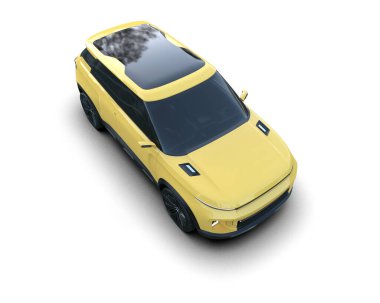 Gri arka planda sarı bir araba var.