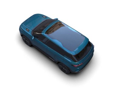 Beyaz izole edilmiş arka planda mavi arabanın 3 boyutlu canlandırması