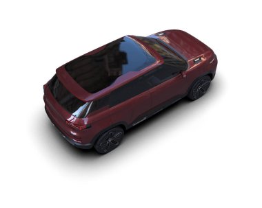 Beyaz arka planda modern bir araba. Araba, bir ailenin vücudunda gölgesi olan bir şehirdir..