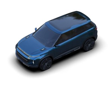 Mavi SUV arabası beyaz bir arka planda, yansımalı izole edilmiş. 3d oluşturma.