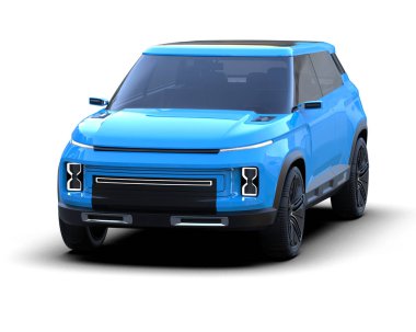 Beyaz arka planda mavi şehir arabası. Bir şehrin tasarımı. 3d oluşturma