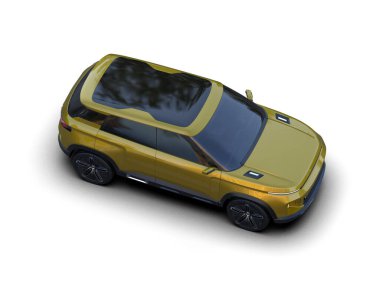 Beyaz arka planda izole edilmiş sarı, jenerik bir arabanın 3 boyutlu çizimi