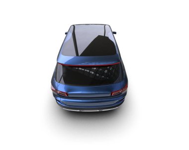 Beyaz arka planda mavi bir araba. 3d oluşturma.