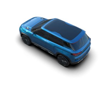 Mavi modern araba beyaz arka planda izole edilmiş - stüdyo çekimi