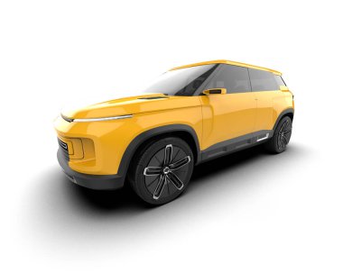 Gri arka planda sarı renkli bir araba. 3 boyutlu resim.