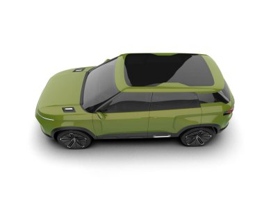 Beyaz arkaplanda 3 boyutlu yeşil SUV aracı görüntüsü.