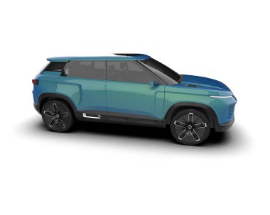 Yepyeni bir SUV 'un 3 boyutlu görüntüsü beyaz stüdyo arka planında izole edilmiş.