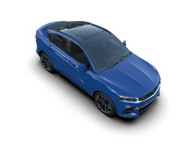 Mavi modern araba gri arka planda izole edilmiş. 3d illüstrasyon.