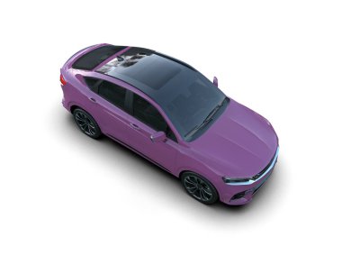 Pembe bir araba, parlak bir yüzeyi olan gri bir arka planda. 3d oluşturma.