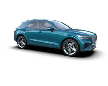 Beyaz arka planda izole edilmiş mavi renkli bir arabanın 3 boyutlu görüntülenmesi.