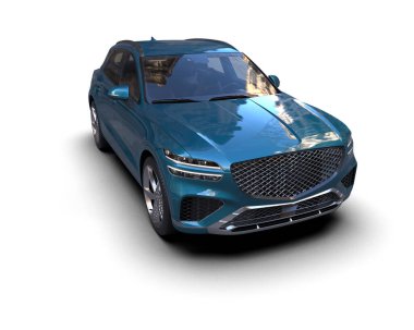 Arka planda modern şehir arabası. 3d illüstrasyon.