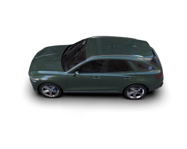 Beyaz arkaplanda yeşil bir arabanın 3 boyutlu görüntüsü.