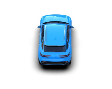Beyaz izole edilmiş stüdyo arka planında mavi bir arabanın 3 boyutlu görüntüsü.