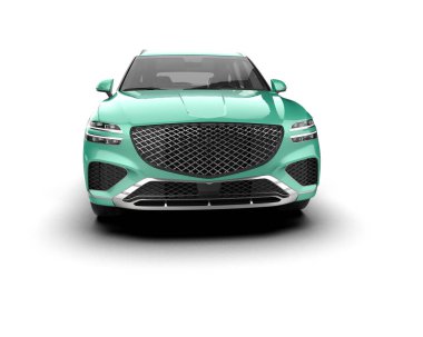 Stüdyo ortamında yeşil renkli bir arabanın 3 boyutlu çizimi