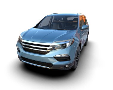 Beyaz arka planda mavi arazi aracı. 3d oluşturma