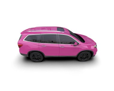 Şehir manzaralı pembe bir cip. 3d illüstrasyon