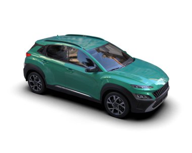 SUV arabası. yeşil arka plan. 3d oluşturma.