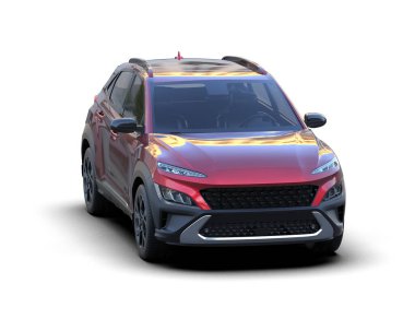 Beyaz arkaplanda yansımalı kırmızı SUV aracı