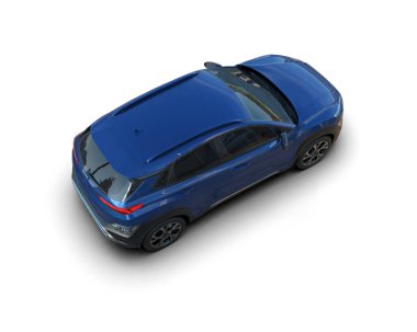 Beyaz arka planda mavi bir arabanın 3 boyutlu canlandırması