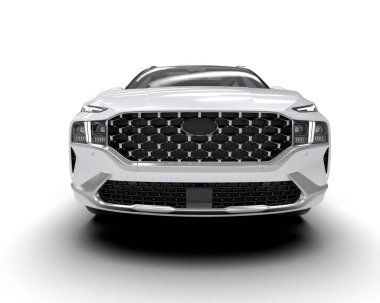 Beyaz arka planda gümüş kenarlı beyaz araba 3 boyutlu illüstrasyon.