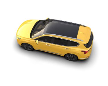 Sarı bir arabanın 3 boyutlu resmi. Beyaz üzerine izole edilmiş. 3d oluşturma